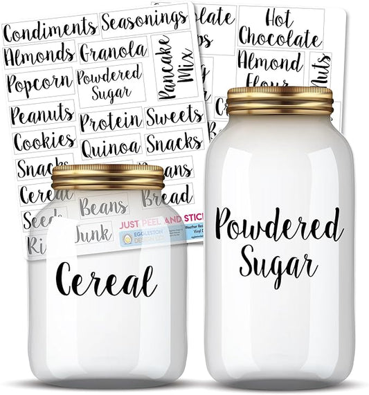 Kitchen Pantry Organization Label Decal Stickers for Jars, Containers, and Canisters Flour, Coffee, Sugar, Tea 40 Pack