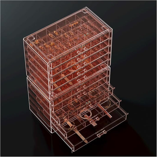ProCase Acrylic Earrings Holder Organizer Box, Large Clear Earring Jewelry Storage Transparent Stackable Drawers Jewelry Display for Earring Ring Bracelet -Pink, 10 Layers