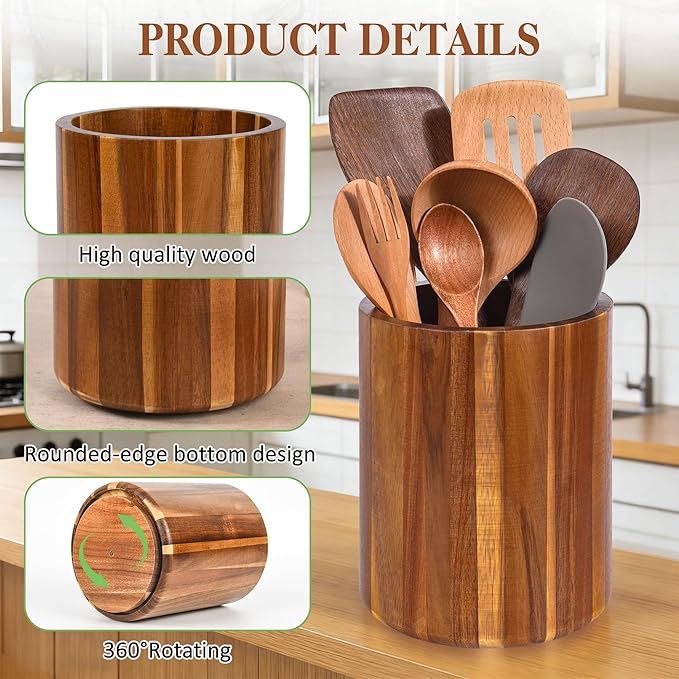 Acacia Wood Utensil Holder with Curved Comfort Base - 360° Rotating 7.2" Countertop Organizer, Utensil Crock for Kitchen Counter & Farmhouse Decor