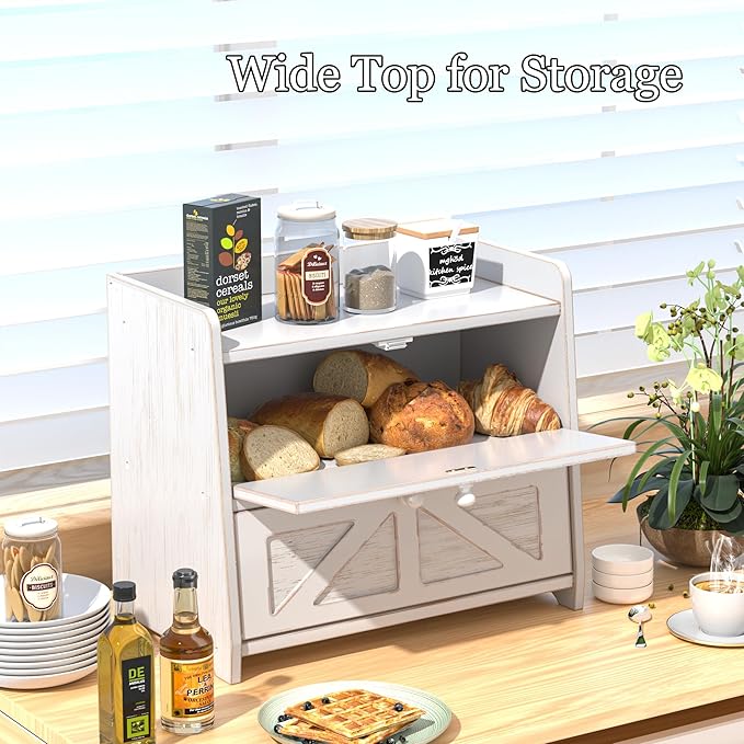Corner Bread Box for Kitchen Countertop, Vintage Wooden Counter Organizer, Bamboo Bread Storage Bin for Homemade Bread, Small Farmhouse Corner Breadbox Container with Acrylic Window, Vintage White