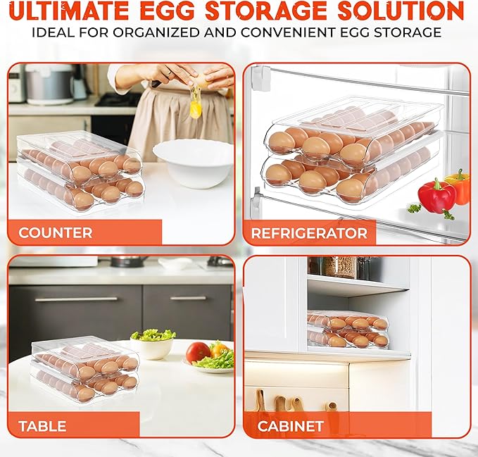 36 Eggs Holder for Fridge - Automatic 2 Tier Egg Organizer for Space-Saving and Fresh Storage - BPA Free