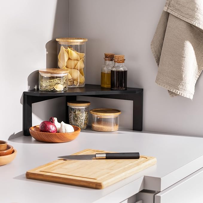 Navaris Bamboo Corner Shelf Unit - Free-Standing Corner Shelf Organizer for Kitchen Cabinet Cupboard Counter-Top Storage 11.8" x 11.8" x 5.9" - Black