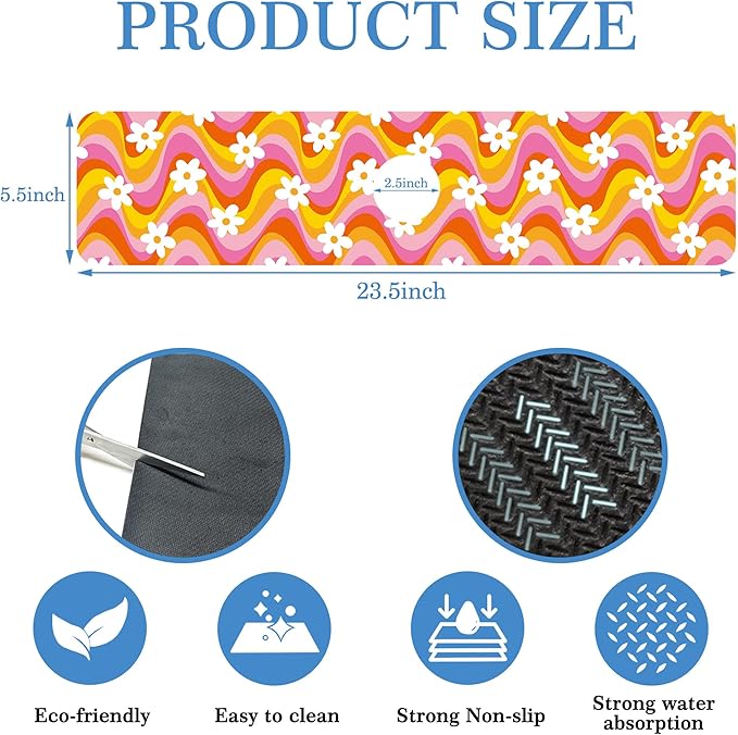Faucet Mat Splash Guard Retro Floral Daisy, Soft Diatom Mud Material, Strong Water Absorption, Non-slip,Easy to Clean for Bathroom, Kitchen 23.5"X5.5"