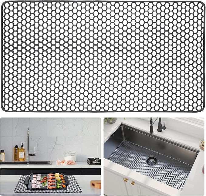 Myirxcv Sink Protectors for Kitchen Sink - 28.62" x 15.98" Silicone Mat - Can DIY Drain Holes - Non-slip Heat Resistant Liner for Bottom of Farmhouse Porcelain Stainless Steel（Grey）