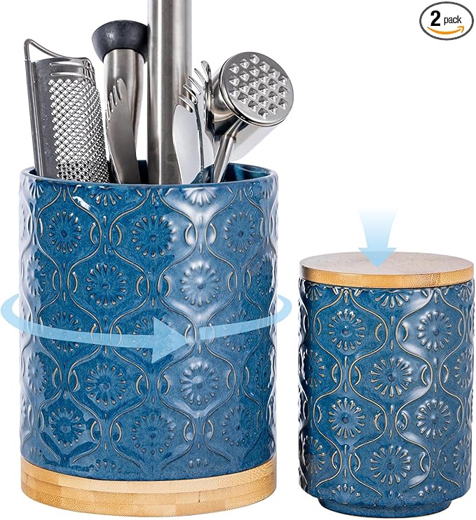TEATALK Utensil Holder Set of 2, 7.7"+5.7" Ceramic Kitchen Utensil Holder for Countertop, Farmhouse Vintage Utensil Crock, 360° Rotating Large Utensil Organizer, Dark Blue