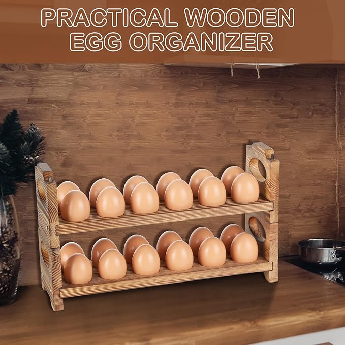 AOOHOOA Wooden Egg Holder Countertop, Stackable Wooden Egg Storage & Organizer, 2-Tier /24-Hole Farmhouse Eggs Rack Wood with Handle for Fresh Eggs to Store Chicken/Duck/Quail/Turkey/Easter Egg