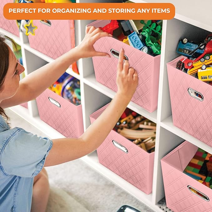 FH Group JIAessentials 11" Faux Leather Foldable Storage Cube Bins Set of 2 – Pink Diamond Patterned Organizers with Handles for Closet & Shelves