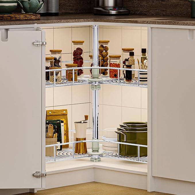 DWVO 31-Inch 2-Tier Lazy Susan Turnable for Cabinet, Rotating 2-Shelf Lazy Susan Corner Organizer with Adjustable Height for Kitchen Pantry, Chrome-Plated Double Spinning Corner Organizer, Silver