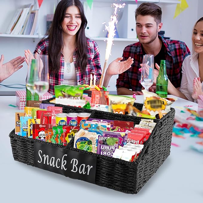 Snack Organizer for Countertop, Trapezoid 3 Compartment Snack Basket Snack Box Container , Snack Bar Organizer, Paper Rope Basket for Kitchen Pantry Organizers and Storage, Black