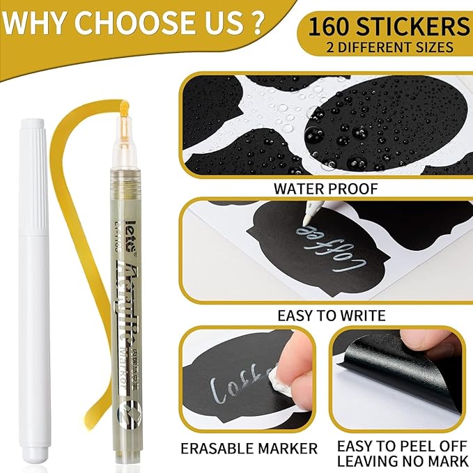 Reusable Self-Adhesive Jar Labels – 160-Piece Chalkboard Sticker Set with Gold Pen, Cleaning Towel & Scissors, Easy-Peel Vinyl Jam Jar Labels for Jars, Bottles, Pantry Containers & More