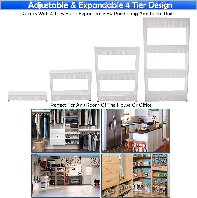 Slim Rolling Storage Cart for Bathroom and Laundry Room Organization - Narrow Space-Saving Mobile Shelving Utility Cart - Versatile Tier Design (White, 4 Tier)
