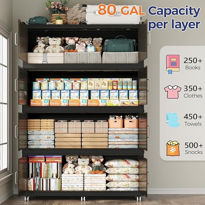QAVABIN 320GAL Extra Large Storage Bins with Lid, 1280QT Collapsible Organizer with Wheels, Stackable Closet Cabinet with Doors, Folding Storage Containers for Home, Office, Kitchen, 4Pack Black