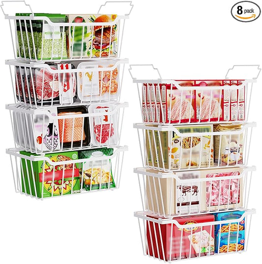 Freezer Organizer Bins, 8 Pack Chest Freezer Organizer Stackable for 5-7 Cu.FT Deep Freezer Sort Frozen Meats and Food, Freezer Storage Baskets with Handles Easy Reach from Bottom, White