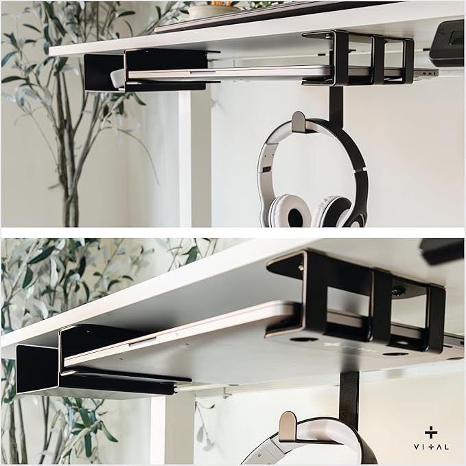 VI+AL Under Desk Laptop Mount - Hidden Metal Shelf with Side Storage, Hook & Cable Organizer - Installs with Tape & Screws - Fits Devices up to 1.7" Thick - Deluxe