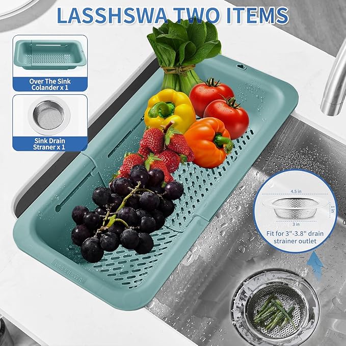 LASSHSWA Collapsible Colander and Strainer for Kitchen, Over the Sink Strainer Basket for Kitchen, Fruit Pasta Food Strainer Expandable Plastic Colander (Turquoise Blue)
