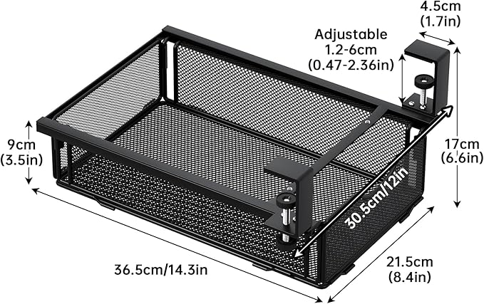 Under-Desk Drawer Slide Out Clamp-On-Desk Shelf for Office Supplies and Books Storage Metal Attachable Table Drawer Fit for Table Thickness 0.47-2.36in (Black, Normal)