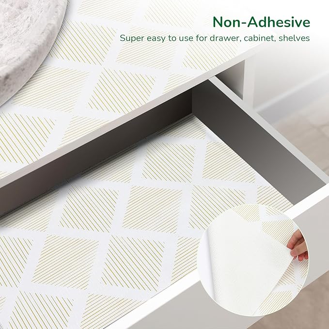Drawer and Shelf Liner for Kitchen 11.8in x 20FT, Non-Slip Non-Adhesive Cabinet Liners for Cupboard, Dresser, Shelves, Tool Box, Pantry, Thickened Easy Install, Strong Grip, Yellow&White
