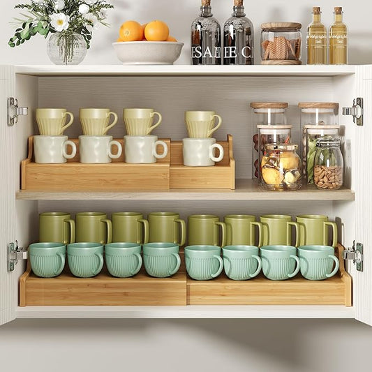 2-Tier Expandable Bamboo Mug Holder Coffee Mug Rack Organizer for Countertop, Multi-Functional Mug Display Shelf for Coffee Bar, Kitchen, and Home (15.75"~30.71")