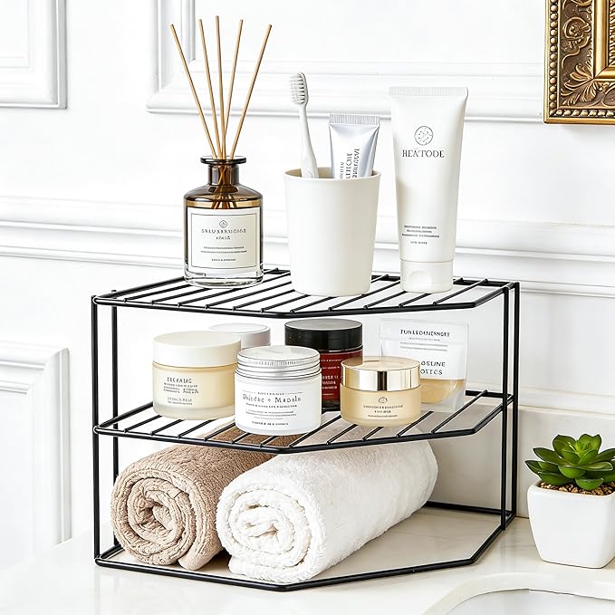 SIBAO 3 Tier Kitchen Corner Shelf Rack and Cabinet Organizer for Plates and Cups, Metal Wire Kitchen Shelf, Steel Metal Frame, Rust Resistan,10x10x7inch, Black