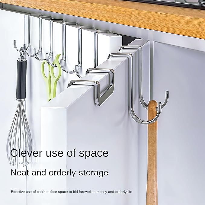 6 Pack - Over the Cabinet Door Hooks | Stainless Steel Cabinet Hooks for Hanging Mugs, Cups, Utensils | Cupboard Door Organizer & Under Sink Door Organizer Kitchen Storage Cabinet, Kitchen Accessories