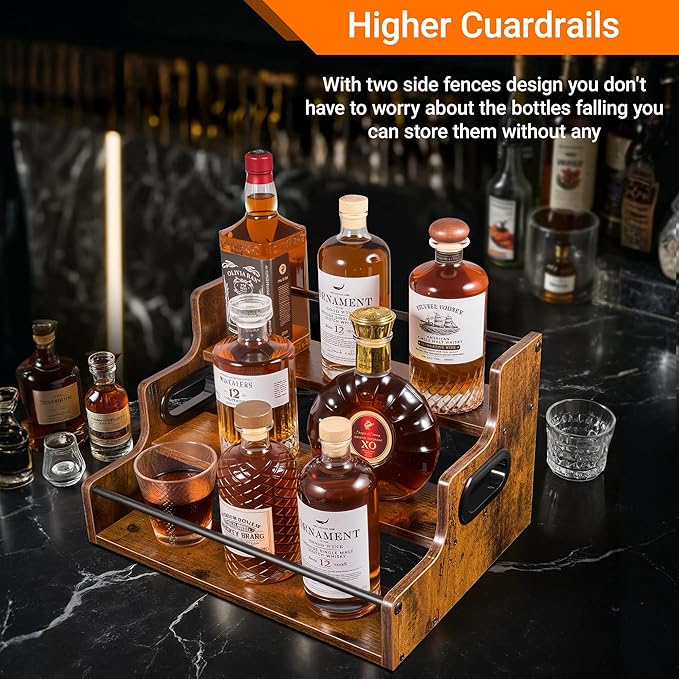 [Upgraded] Rustic Wood Liquor Bottle Display Shelf, 3-Tier Liquor Shelf for Bar Counter, Coffee Syrup Rack Organizer with Handles & Metal Guardrail, Bar Bottle Stand for Home, Kitchen, Cafe