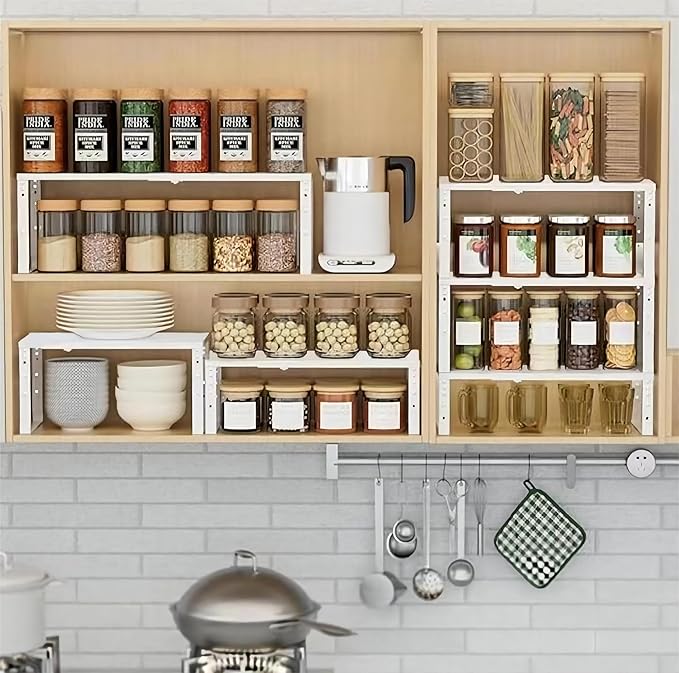 Expandable Spice Rack Organizion for Kitchen Cabinet, Seasoning,Bathroom Organizer Display Shelf, Stackable Multi-Purpose Shelves.Easy-to-Install（2Packs/White,Large