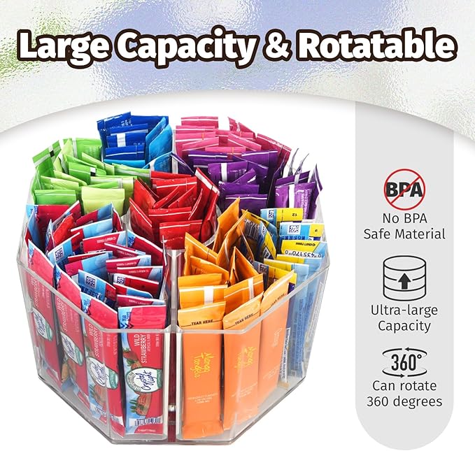 Drink Packet Organizer For Powdered Drink Mix,Powder Packet,Water Packet,Water Flavor Packet,Lazy Susan Organizer for Drink Mix Rotating Holder for Drink Mix Necessities (Rhombus)
