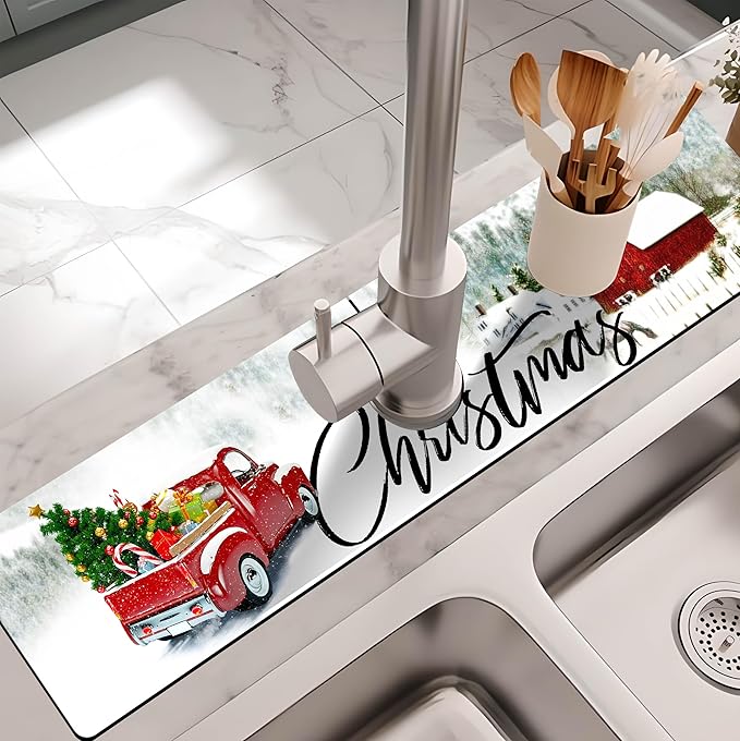 ptmaxs Kitchen Sink Splash Guard Faucet Mat - Super Absorbent Fast Drying Mat, Christmas Tree Pattern, 23.5" x 5.5" Microfiber Diatomite, Dish Drying Mat, 1 PC