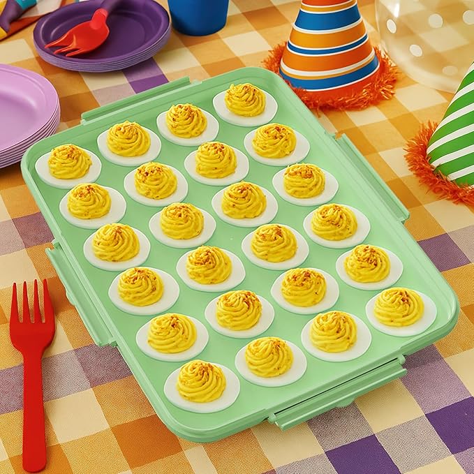 Deviled Egg Containers with Lid - 2 Pack 48 Count Reusable Platter Storage Tray with Handle for Refrigerator, Party, Thanksgiving, Christmas, Easter, Potlucks, Tea Parties, Picnics, Brunches (Green)