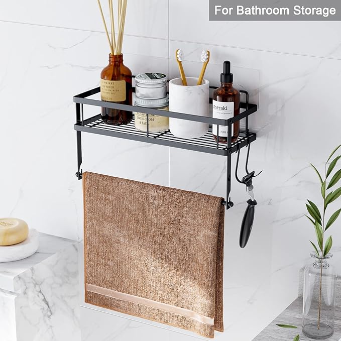 ESOW Paper Towel Holder with Shelf Storage, Adhesive Wall Mount 2-in-1 Basket Organizer for Kitchen & Bathroom, Durable Metal Wire Design, Stainless Steel 304 Matte Black Finish