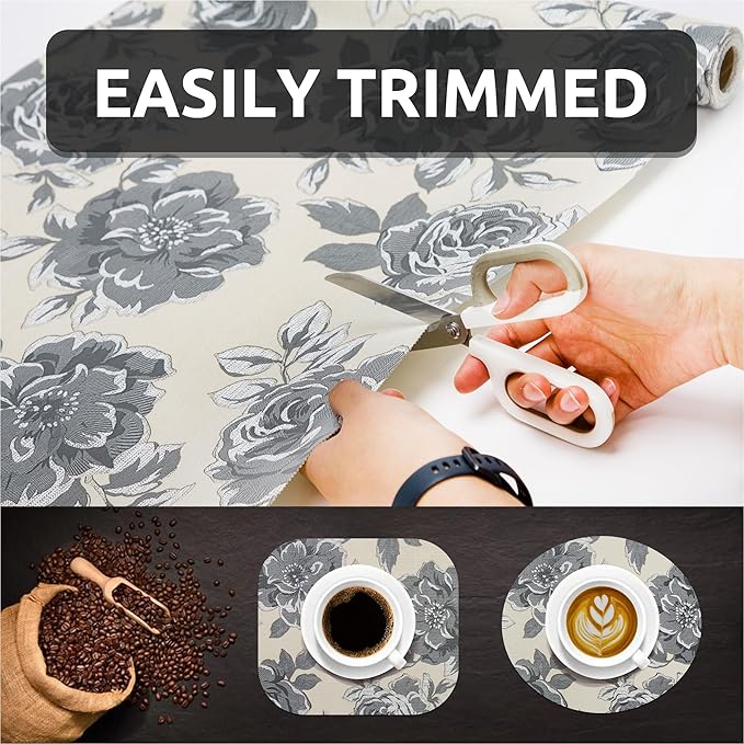12X120 Inch Shelf Liner for Kitchen Cabinets, PVC Drawer Liner for Dresser Non-Slip Bathroom, Non-Adhesive Cabinet Liner Washable (Black Flower)(1 Roll)