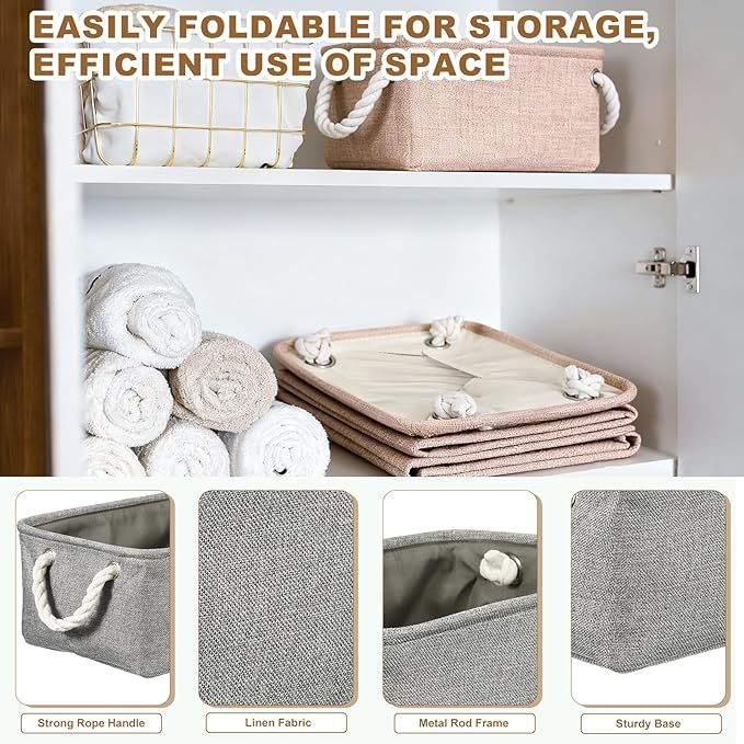 uxcell 2Pcs Fabric Storage Bins, 14 x 10.2 x 6.3 Inch Foldable Storage Cubes with Rope Handles Collapsible Bins Baskets for Home Office Shelves Closet Clothes Books Organizing, Gray