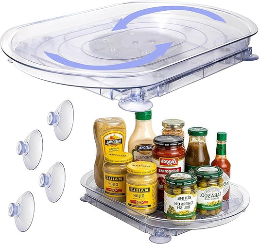 Rectangular Lazy Susan 16.5"x11" for Refrigerator Shelf - 180° Spinning Turntable Organizer with Suction Cups, Fits Fridge, Cabinet, Pantry & Countertop