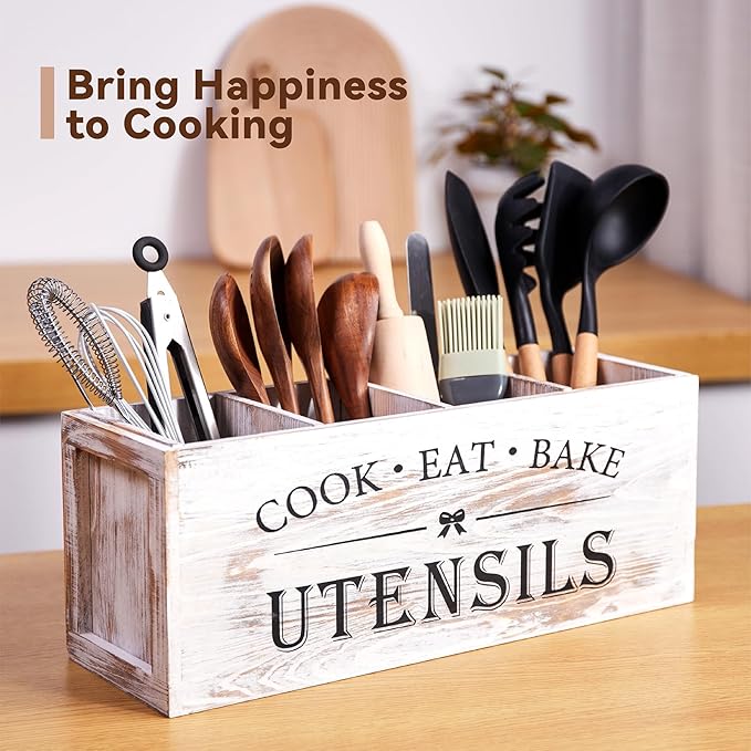 Utensil holder for Kitchen Counter Large Round Utensils Holder with Wooden Base Matte Black Cooking Utensil Holder，Kitchen countertop Utensil Organize (White-4 Compartments)