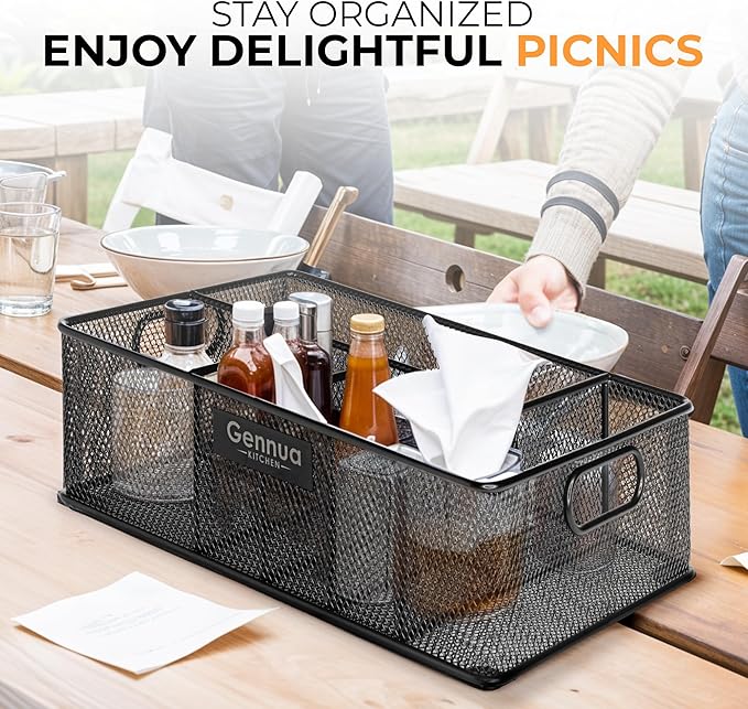 Paper Plate Organizer for Cabinet, Counter, Picnics, Parties & More, Extra Large Utensil Caddy Crafted of Thick Iron Mesh With 6 Compartments for Paper Plates & Plastic Silverware