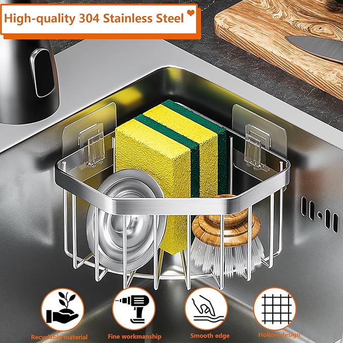 Kitchen Sink Organizer Corner Sponge Holder, Adhesive Stainless Steel Sponge Caddy for Kitchen,Dish Cloth Hanger Sponge Holder Sink Storage Rack for Space-Saving Storage(not for Rounded)