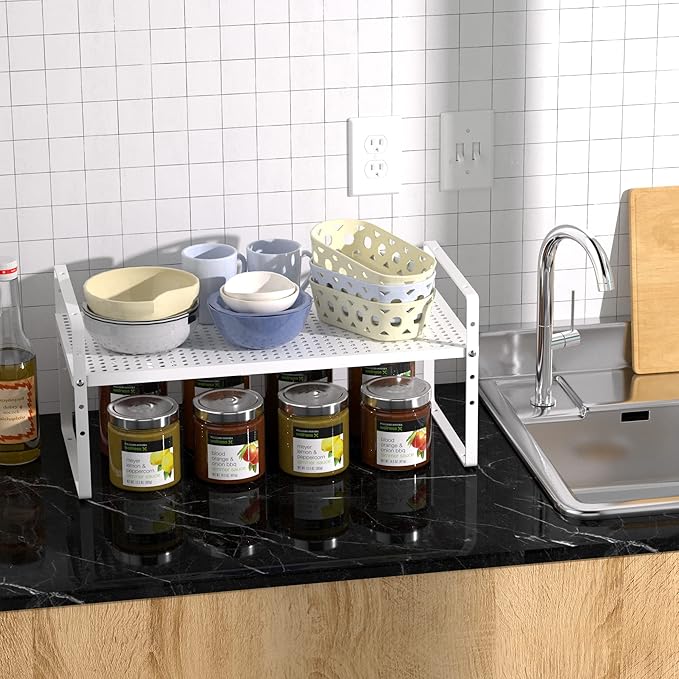 Expandable Kitchen Cabinet Shelf Organizer, Stackable Metal Pantry Storage Shelves, Adjustable Counter Shelf Organizer Rack for Kitchen Cabinets, Cupboard, Countertop, Closet, White
