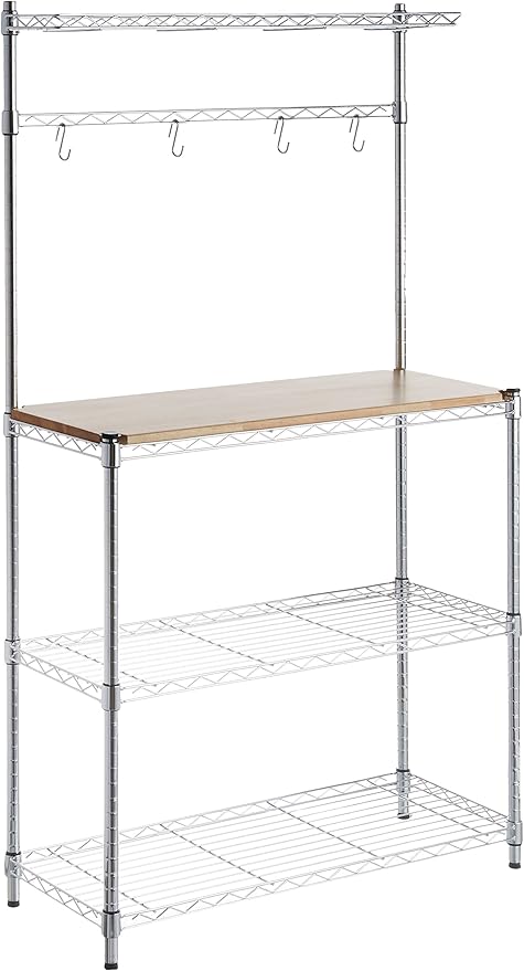 Amazon Basics 3 Tier Kitchen Bakers Rack with Storage, Removeable Top, Wood/Chrome, 14" D x 35.83" W x 63.31" H