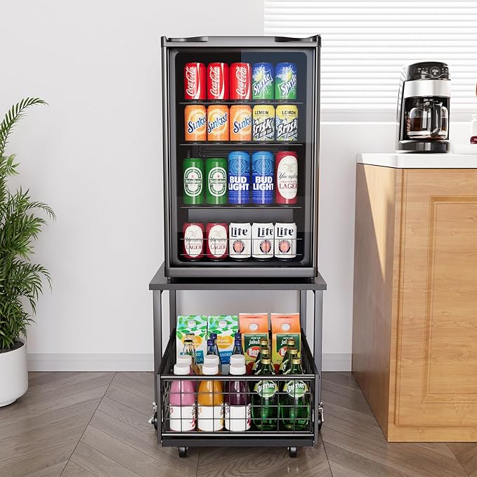 SpaceAid Mini Fridge Stand with Storage, 19.7" W x 19.7" D Heavy Duty Mobile Refrigerator Shelf Stand Table with Wheels, Fridge Cart Organizer with Drawer Basket for Home Dorm Office (Black)