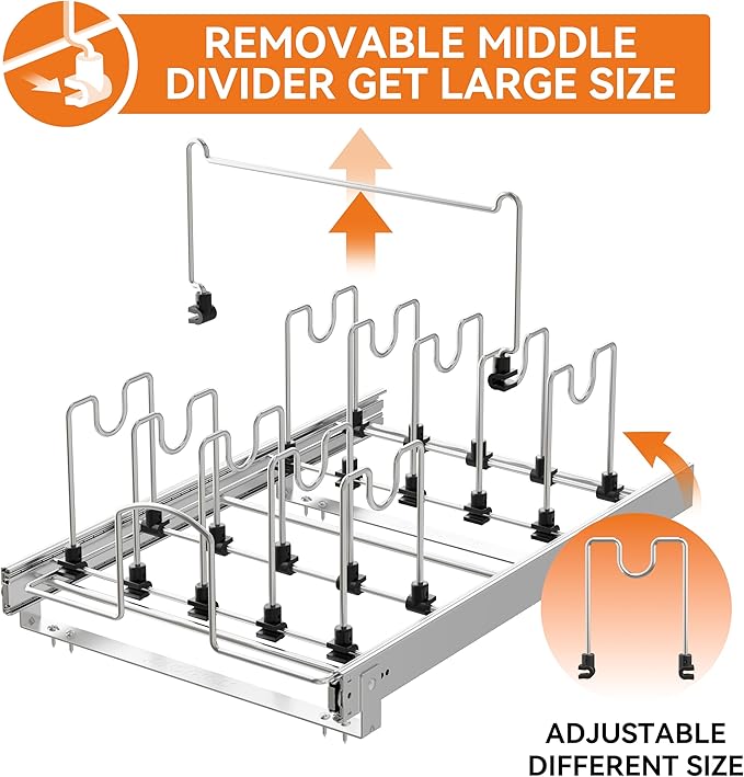 Pull Out Pots and Pans Organizer Under Cabinet, Sliding Adjustable Pot Rack with 11 Adjustable Dividers, Chromeplating Pot and Pan Holder Rack, Full-Extension Rail 15" W X 22" D