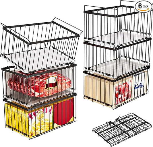 Large Freezer Organizer Bins, Upgrade One-Touch Open/Close, 6 Pack Big Stackable Deep Freezer Organizer Bins, Black Wire Foldable Baskets with Handles, for 5 to 7 Cu.FT Deep Freezer Sort Frozen Meats