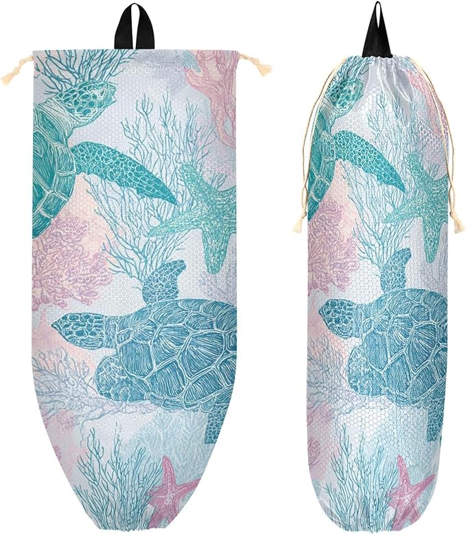 Plastic Bag Holder Wall Mount Grocery Bag Shopping Bag Storage Holder Organizer Dispenser with Adhesive Hook,for Kitchen Bathroom Home Decor 9x22 Inches Simple Turtles Starfish Coral25