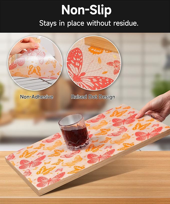 Shelf Liner for Kitchen Cabinets Non-Adhesive - Waterproof and Washable Drawer Liners - Ideal for Refrigerator, Dresser, Bathroom Shelves, Pantry, and Cupboards(Red Butterfly, 23.6" W x 118" L)
