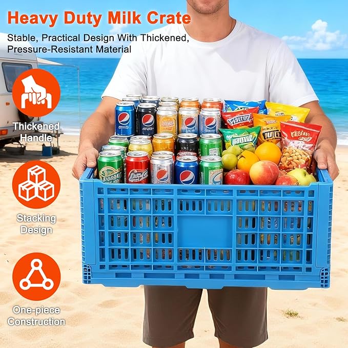 Shineyaplus Collapsible Milk Crate, 1 pck 72L(19GAL) Stackable Storage Bins, Heavy Duty Storage Crates, Plastic Crates for Grocery, Warehouse Organization - Extra Large, Holds 130 lbs Per Bin
