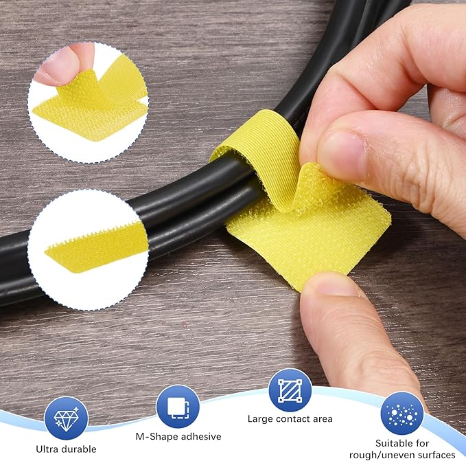 M METERXITY 100-Pack Hook and Loop Cable Ties, 3.5 x 1.1 Inch Enhanced Self-Adhesive Cord Organizer for Desk/Home/Wall/Office Essentials, Cable Management Under Desk [Yellow]