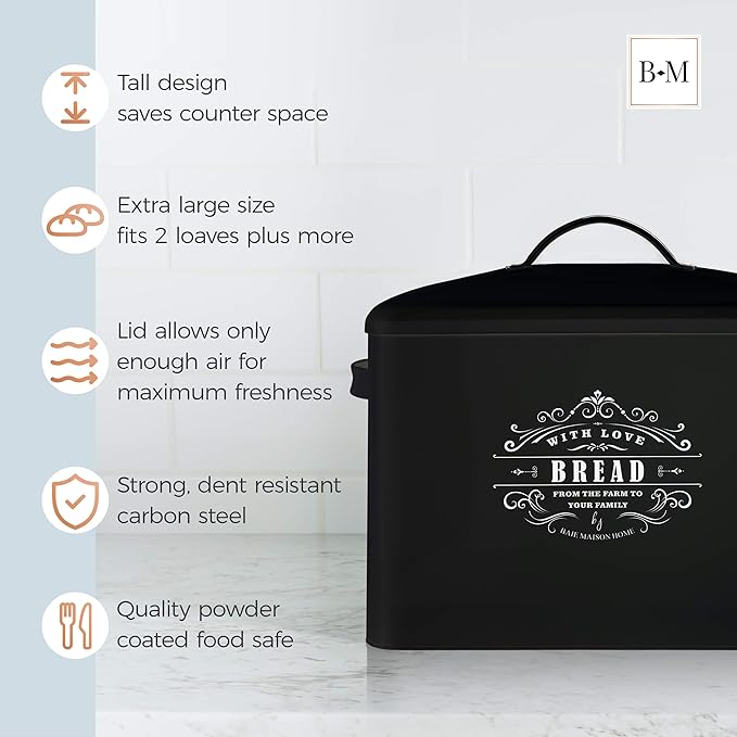 Baie Maison Extra Large Black Farmhouse Bread Box for Kitchen Countertop - Holds 2+ Loaves for All Your Bread Storage with Matching Large Kitchen Canisters Set of 3 - Coffee Tea Sugar Container Set