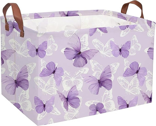 Sanjiaofeng Rectangular Kids Basket Butterfly Storage Bins,Girls Storage Basket with Handles.Clothers,Toys,Books,Kid's Gifts Bins. (Purple Butterfly)