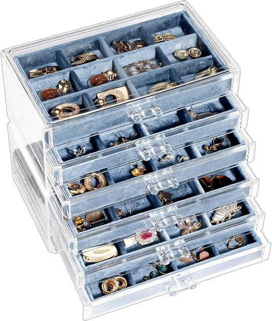 Lolalet Earring Holder Organizer Box Jewelry Storage with 6 Drawers, Clear Acrylic Stackable Earring Case with Adjustable Velvet Trays for Women on Dresser Vanity -Blue, 6 Layers