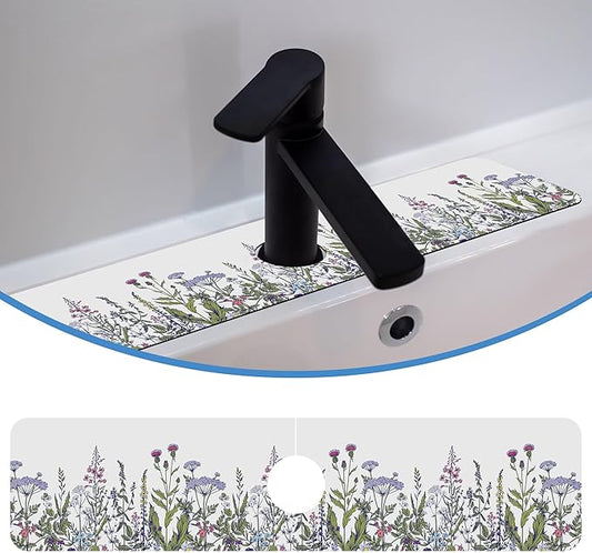 Faucet Mat Splash Guard Botanical Herbs Wild Flower, Soft Diatom Mud Material, Strong Water Absorption, Non-slip,Easy to Clean for Bathroom, Kitchen 23.5"X5.5"