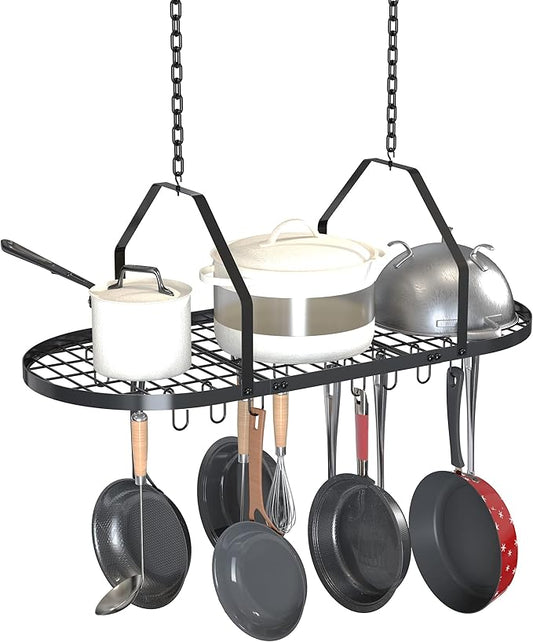 Ceiling Pot and Pan Rack, Kitchen Pot Organizer Storage Rack, Multi-Purpose Organizer for Home, Restaurant, and Kitchen Cookware with 20 Removable Hooks (Black)